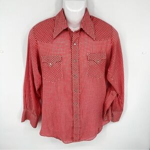 VTG JC Penney Western Apparel Red White Gingham Long Sleeve Pearl Snap Shirt